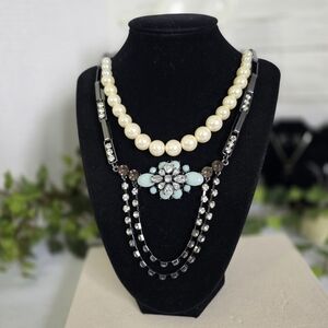 Unique Oxidized Silver Paper Clip and Pearl Dpuble Strand Necklace